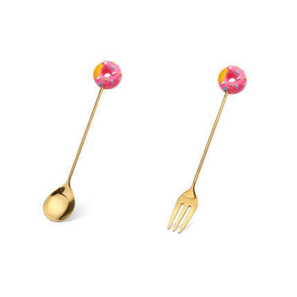Stainless Steel Spoon Fork Cute Version Rainbow Lollipop Donut Macaron Dessert Spoons Fruit Forks Kids Set Kitchen Accessories