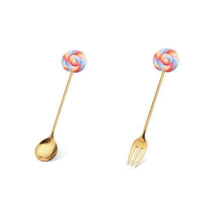Stainless Steel Spoon Fork Cute Version Rainbow Lollipop Donut Macaron Dessert Spoons Fruit Forks Kids Set Kitchen Accessories