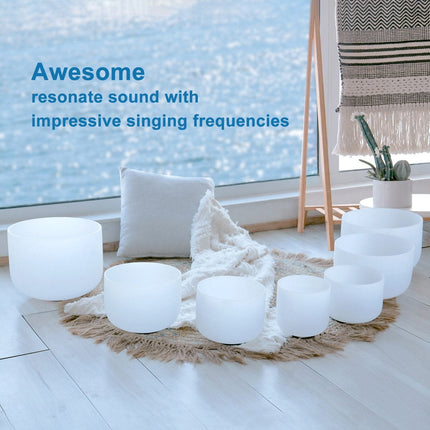 CVNC 7-12"/6-12" Frosted Quartz Crystal Singing Bowl Chakra Set 7pcs CDEFGAB Note for Sound Healing with Carry Bags