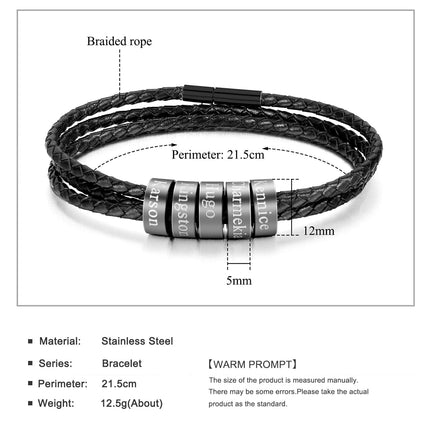 Personalized Mens Braided Leather Bracelet, Father's Day gift Christmas Gift, For Boyfriend Husband Custom Beads Charm For Men