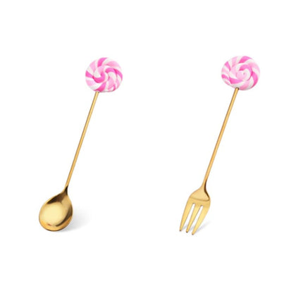Stainless Steel Spoon Fork Cute Version Rainbow Lollipop Donut Macaron Dessert Spoons Fruit Forks Kids Set Kitchen Accessories