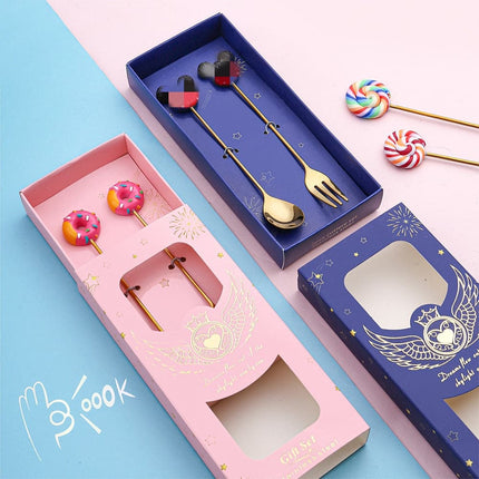 Stainless Steel Spoon Fork Cute Version Rainbow Lollipop Donut Macaron Dessert Spoons Fruit Forks Kids Set Kitchen Accessories
