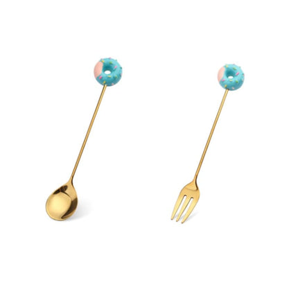 Stainless Steel Spoon Fork Cute Version Rainbow Lollipop Donut Macaron Dessert Spoons Fruit Forks Kids Set Kitchen Accessories