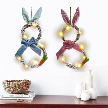 DIY Easter Bunny Wreath On The Door Rabbits Ears Garland Wood Decoration 2022 Souvenir Ornaments Festive Party Supplies LED Lights