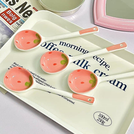 Creative Strawberry Ceramic Soup Spoon Cute Korean Ice Cream Hand Painted Coffee Dessert Long Handle Spoon Kitchen Accessories