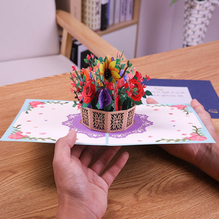 Mothers Day Pop Up Card Birthday Anniversary Gift 3D Flowers Basket Greeting Cards for Mom Wife
