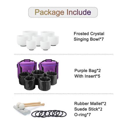 CVNC 7-12"/6-12" Frosted Quartz Crystal Singing Bowl Chakra Set 7pcs CDEFGAB Note for Sound Healing with Carry Bags