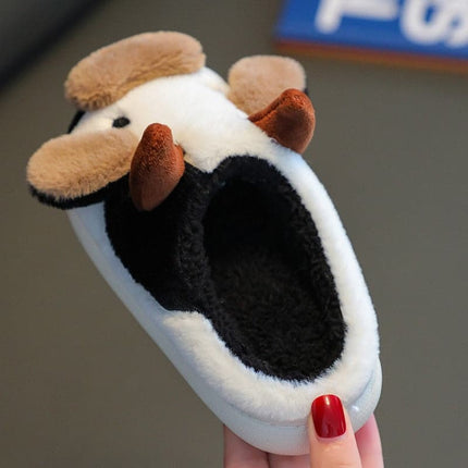New Children's Cartoon Milk Cow Slippers Home Warm Slides Cute Cow Cotton Slippers for Kids Winter Fluffy Fur Slippers