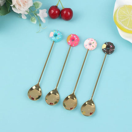 4pcs Stainless Steel Donuts Candy Spoon Forks Kitchen Tableware Milk Coffee Stirring Spoons Dessert Cake Tools Cutlery Spoon Set