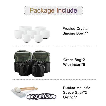 CVNC 7-12"/6-12" Frosted Quartz Crystal Singing Bowl Chakra Set 7pcs CDEFGAB Note for Sound Healing with Carry Bags
