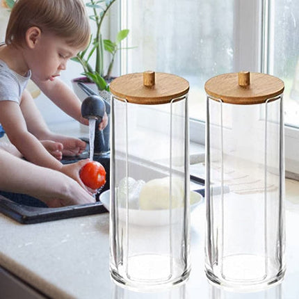 Bamboo Makeup Cotton Swabs Transparent Box Organizer Cosmetics Cotton Pads Holder Plastic Qtip container Bathroom organizer