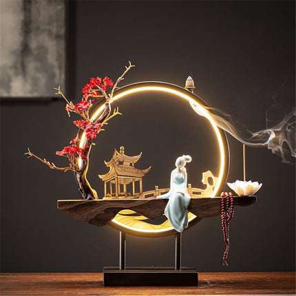 Led Light Backflow Incense Burner USB Light Circle Simulation Tree Ceramic Lotus Buddha Beads Home Office Decoration Furnishing