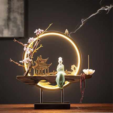 Led Light Backflow Incense Burner USB Light Circle Simulation Tree Ceramic Lotus Buddha Beads Home Office Decoration Furnishing