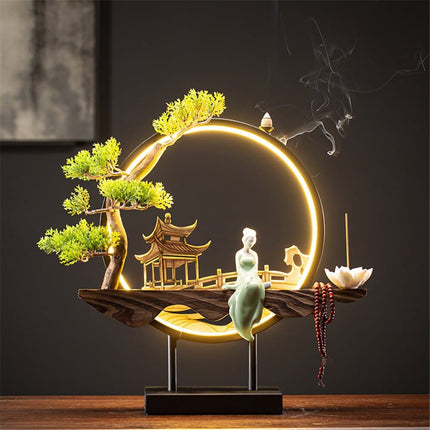 Led Light Backflow Incense Burner USB Light Circle Simulation Tree Ceramic Lotus Buddha Beads Home Office Decoration Furnishing