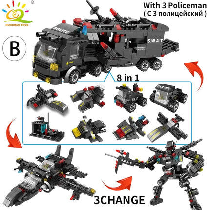 HUIQIBAO SWAT Police Station Truck Model Building Blocks City Machine Helicopter Car Figures Bricks Educational Toy For Children