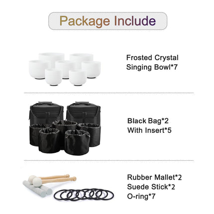CVNC 7-12"/6-12" Frosted Quartz Crystal Singing Bowl Chakra Set 7pcs CDEFGAB Note for Sound Healing with Carry Bags