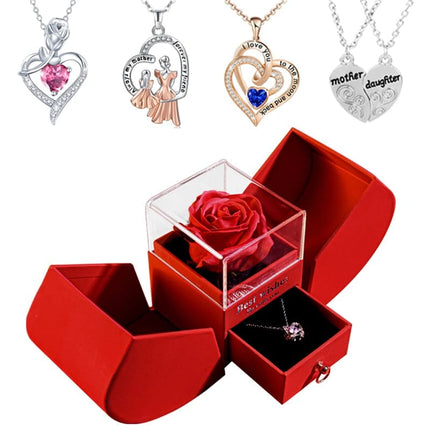Gift for Women Eternal Rose Gift Box /w Heart Necklace I Love You To The Moon and Back Flower Jewelry Box for Wedding Birthday