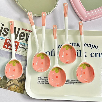 Creative Strawberry Ceramic Soup Spoon Cute Korean Ice Cream Hand Painted Coffee Dessert Long Handle Spoon Kitchen Accessories