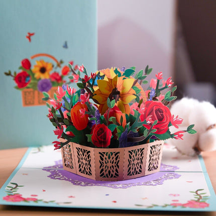 Mothers Day Pop Up Card Birthday Anniversary Gift 3D Flowers Basket Greeting Cards for Mom Wife