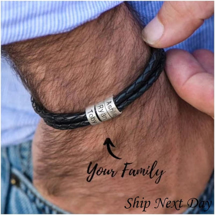 Personalized Mens Braided Leather Bracelet, Father's Day gift Christmas Gift, For Boyfriend Husband Custom Beads Charm For Men